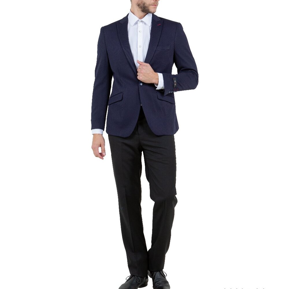 Solid Navy Knit Peak Lapel Skinny Fit Men's Jacket